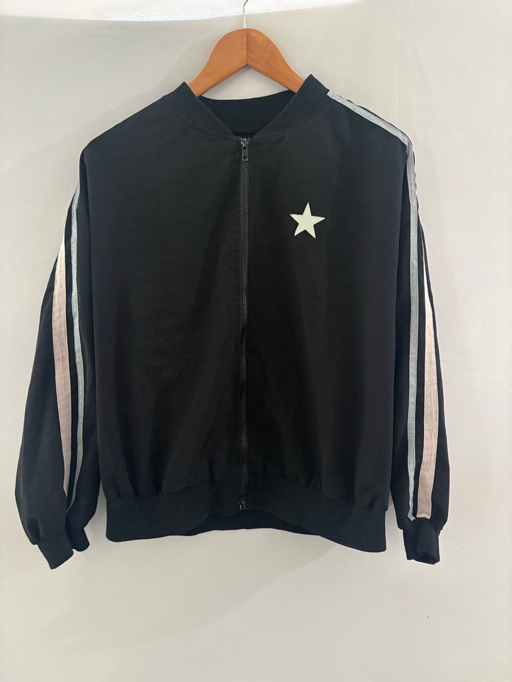 Y2K Star Track Jacket Bomber Black White Side Stripe Full Zip L Unisex